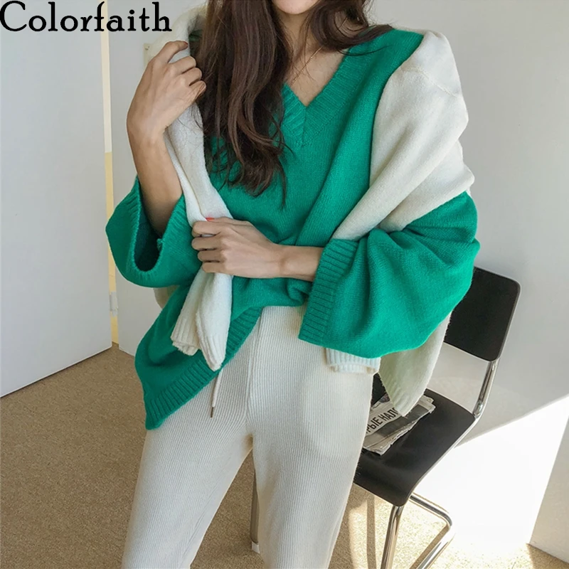 

Colorfaith 2020 Autumn Winter Women Sweater V-Neck pullovers Minimalist Knitted Elegant Ladies Loose Solid Color Tops SW8558
