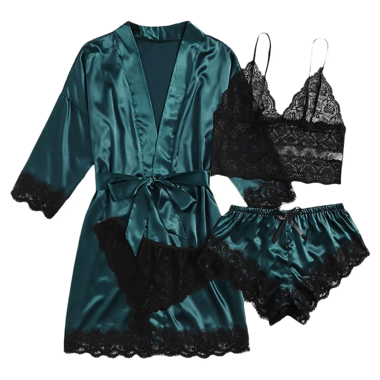 Women's Sleepwear 4-Piece Sexy Garter Transparent Lingerie Set Robes Lace Deep-V Neck Bodysuit Underwear Hot Sale | Женская одежда