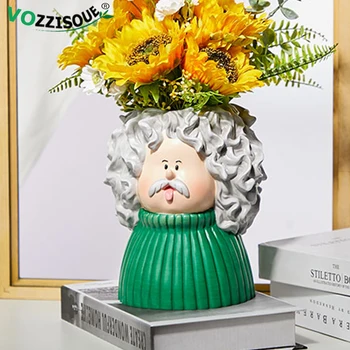 

Hot Sale Nordic Design Einstein Resin Flower Pot Face Vase Sunflower Decorative Pots for Flowers Cute Home Decor Human Head Vase