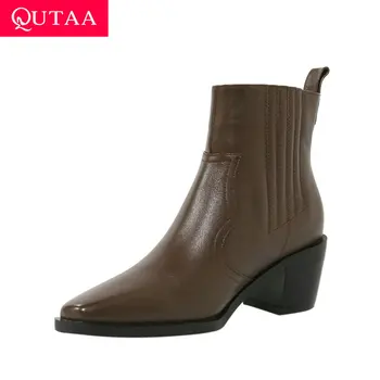 

QUTAA 2021 Ankle Boots Autumn Winter Cow Leather Square Toe Sewing Ladies Boots Square High Heel Slip on Women Shoes Size 34-39