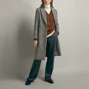 

Autumn and winter women's coat casual plaid pocket decorative coat