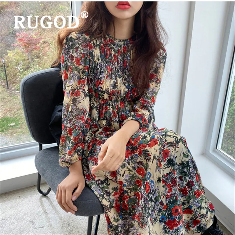 Женское винтажное платье RUGOD длинное облегающее с цветочным принтом и круглым