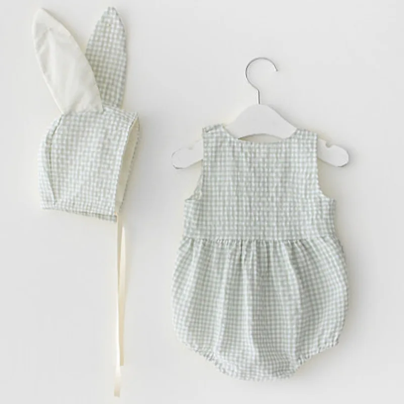 Одежда для малышей от 0 до 3 лет г. Летние костюмы с ушками кролика для маленьких девочек комбинезоны для маленьких мальчиков клетчатая Одежда для новорожденных без рукавов