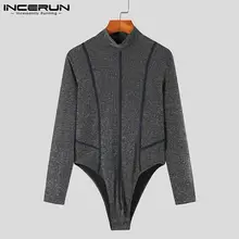 INCERUN Men Comfortable Homewear Long-sleeved Jumpsuit Hot Sale Rompers Sparkling Knit Stitching Stylish Male Onesies S-5XL 2021
