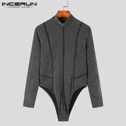 INCERUN Men Comfortable Homewear Long-sleeved Jumpsuit Hot Sale Rompers Sparkling Knit Stitching Stylish Male Onesies S-5XL 2021