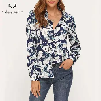 

Women Fashion V-neck Print Pattern Tops Blouses Casual Long Sleeve Chiffon Simple Blouse Tops Female Shirts New Spring