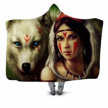 

Anime Princess Mononoke Printed Plush Hooded Blanket For Adults Kid Warm Home Sofa Wearable Double layer Fleece Throw Blankets