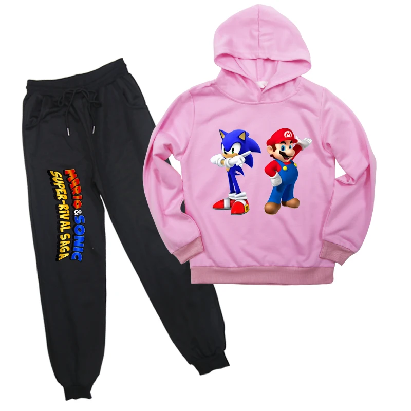 Sonic The Hedgehog Mario/детская одежда из 2 предметов, толстовка с капюшоном для мальчиков и девочек, штаны, худи, спортивная одежда, топы для детей - Цвет: Розовый