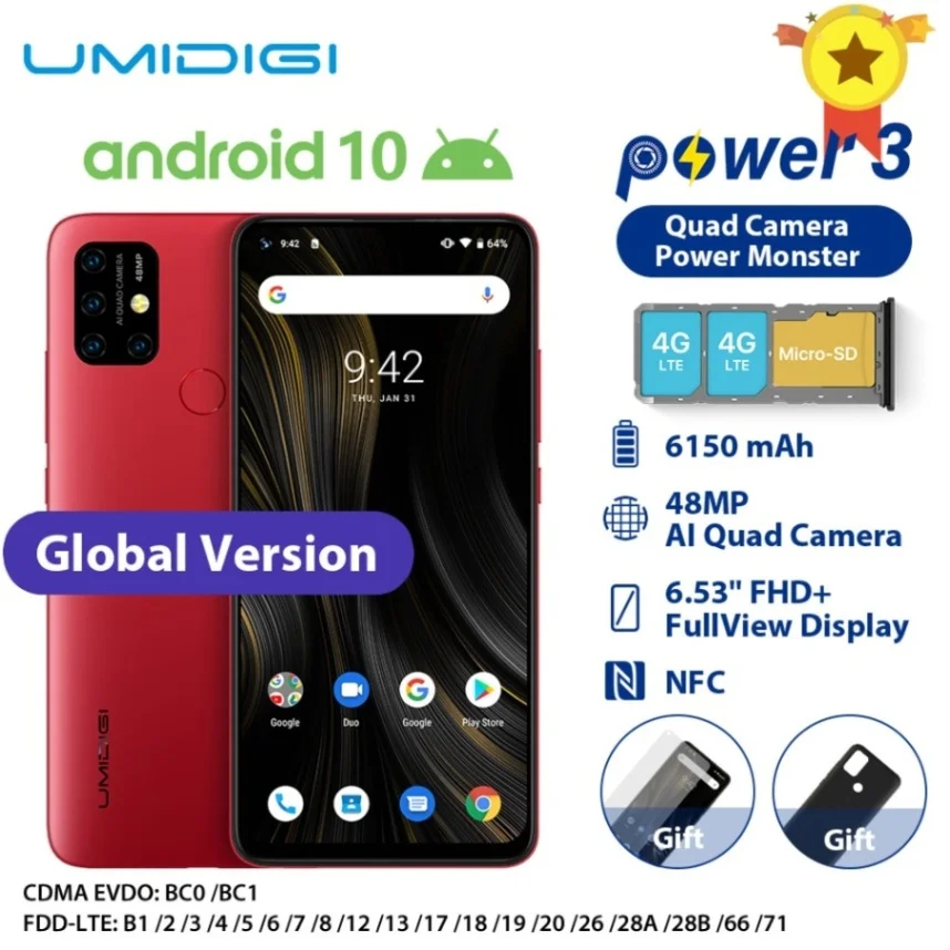 Red Предварительная UMIDIGI power 3 Android 10 48MP Quad AI камера 6150mAh 6,5" FHD+ 4 Гб 64 Гб Helio P60 глобальная версия смартфона NFC - Цвет: Red