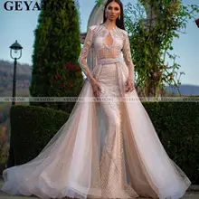 Саудовская Аравия Русалка Шампанское Дубай Выпускные платья с длинным рукавом Съемный Поезд арабские вечерние платья для женщин длинное торжественное платье