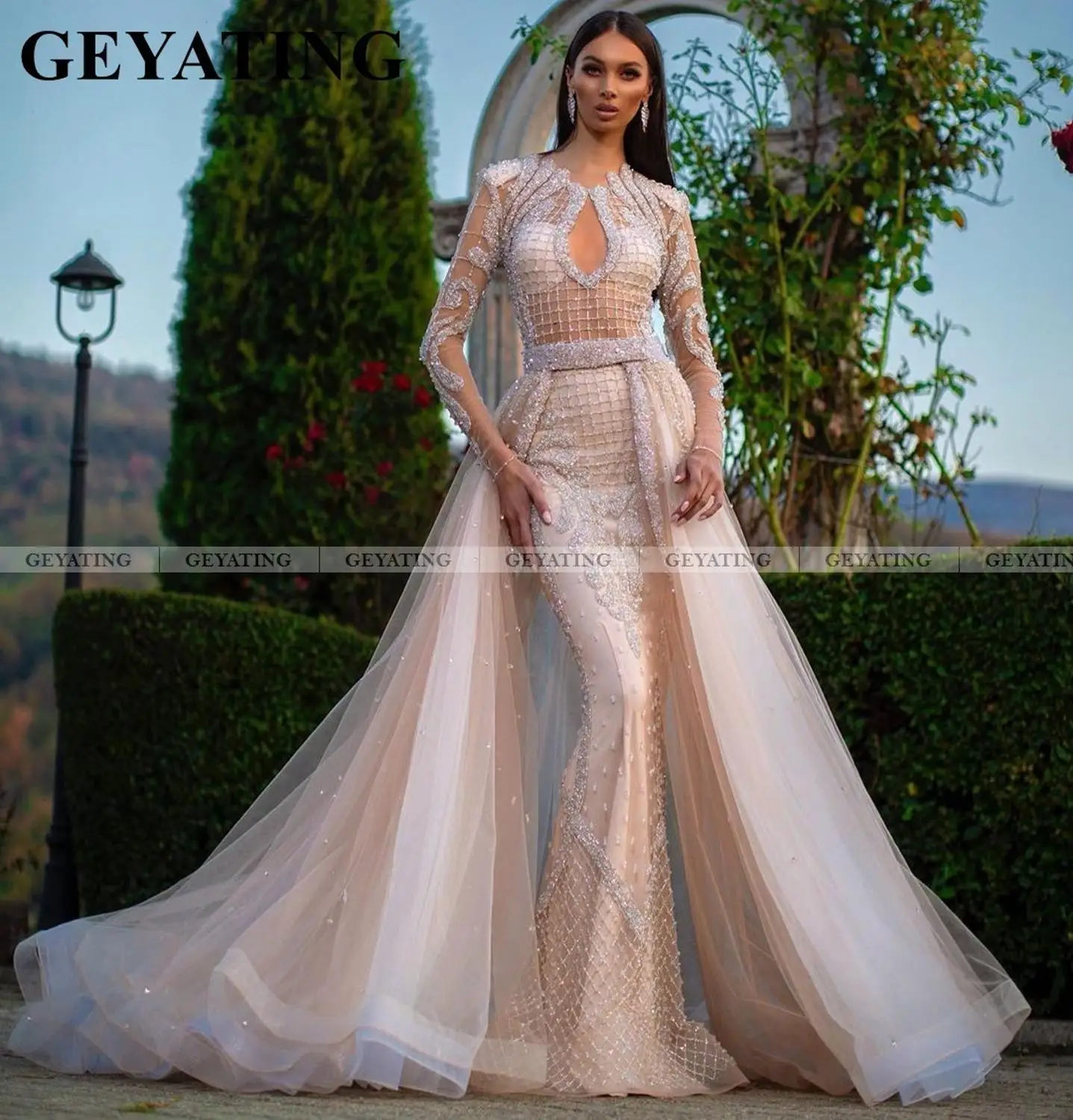 Saudi Arabië Mermaid Champagne Dubai Prom Jurken Met Lange Mouwen Afneembare Trein Arabische Avondjurken Vrouwen Lange Formele Kleding Saudi Arabië Mermaid Champagne Dubai Prom Jurken Met Lange Mouwen Afneembare Trein Arabische Avondjurken Vrouwen Lange Formele Kleding