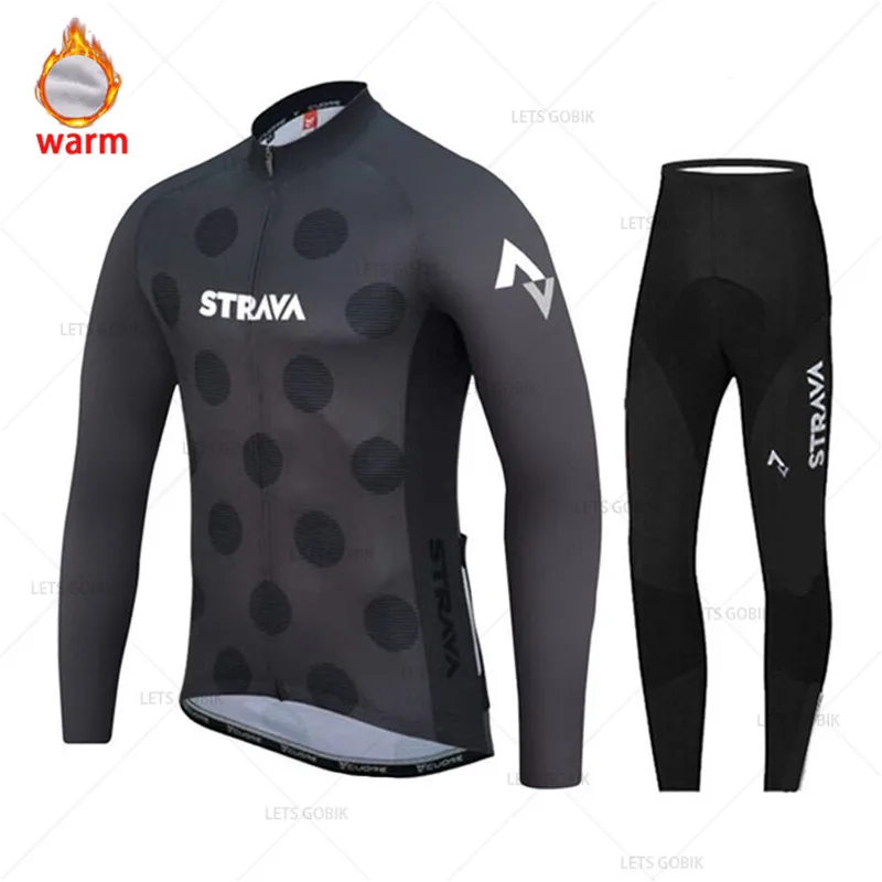 Зима STRAVA термальный флис Велоспорт Джерси велосипед брюки набор Мужские 19D гель подушка Ropa Ciclismo форма велосипедиста униформа - Цвет: 6