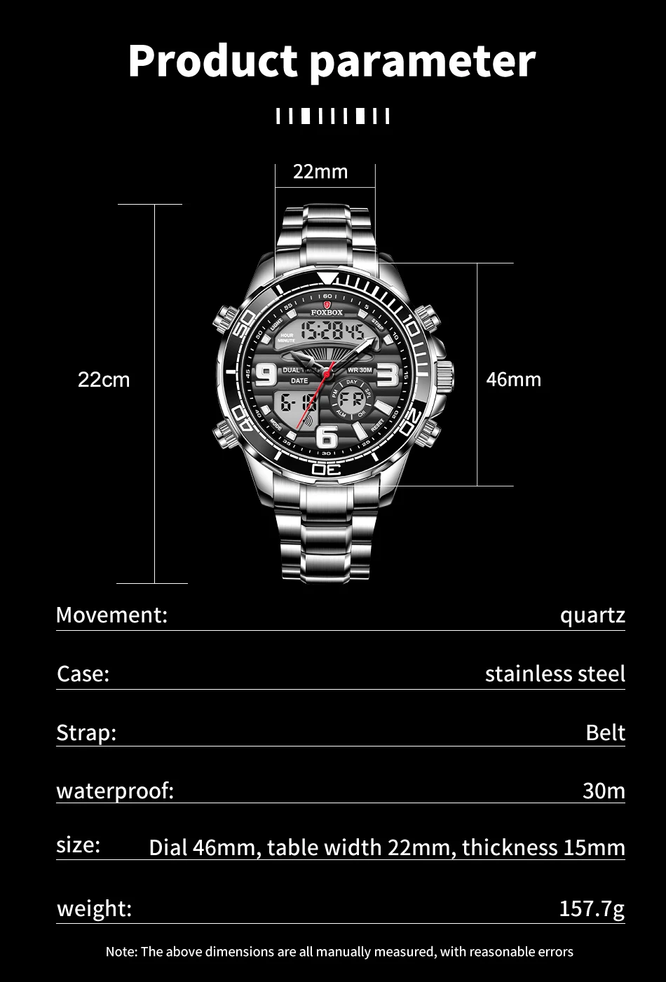 Mens Watches 2022 New FOXBOX Dual Display Stainless Steel Sport Wrist Watch For Men Waterproof Date Clock Relogio Masculino+Box