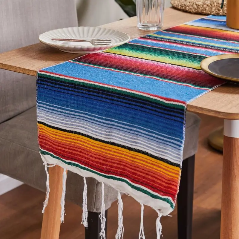 

35x213cm Mexican Blanket Bright Rainbow Stripes Woven Table Runner Fringe Cotton Tablecloth Festival Party Home Table Decoratio