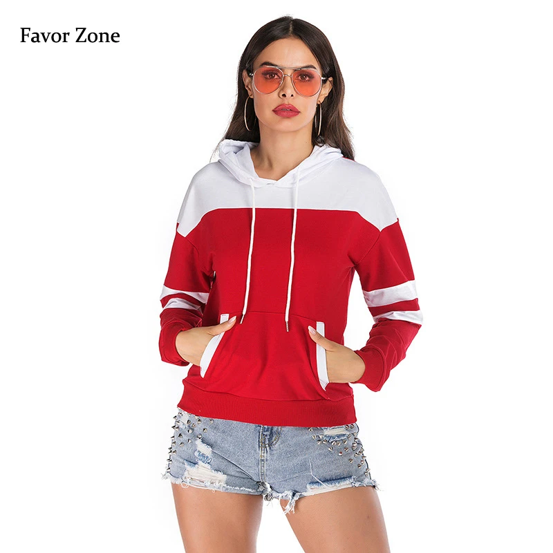 

Red White Patchwork Color Hooded Tracksuit Casual Loose Hoodies For Women Autumn Winter Sweatshirt Fashion Pullover Top Oversize