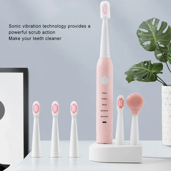 

Ultrasonic Sonic Electric Toothbrush Rechargeable IPX7 USB Fast Charging with 4 Replacement Brush Heads Facial Clean Brush