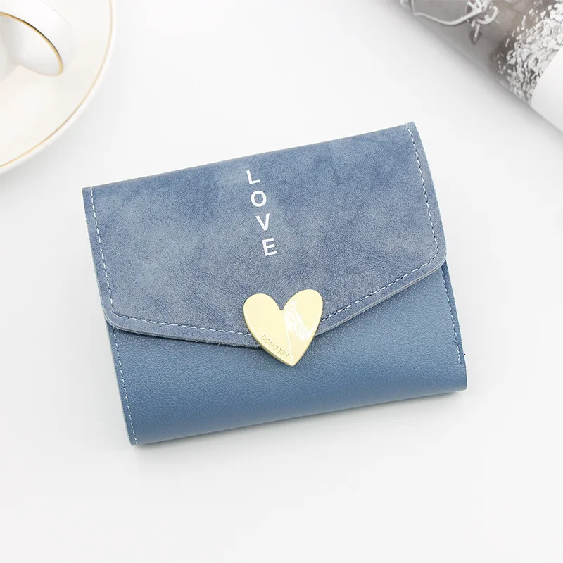 Милый женский кошелек, короткий, в форме сердца, маленький, три сложения, большая емкость, короткий кошелек, Элегантный женский студенческий кошелёк для монет - Цвет: blue