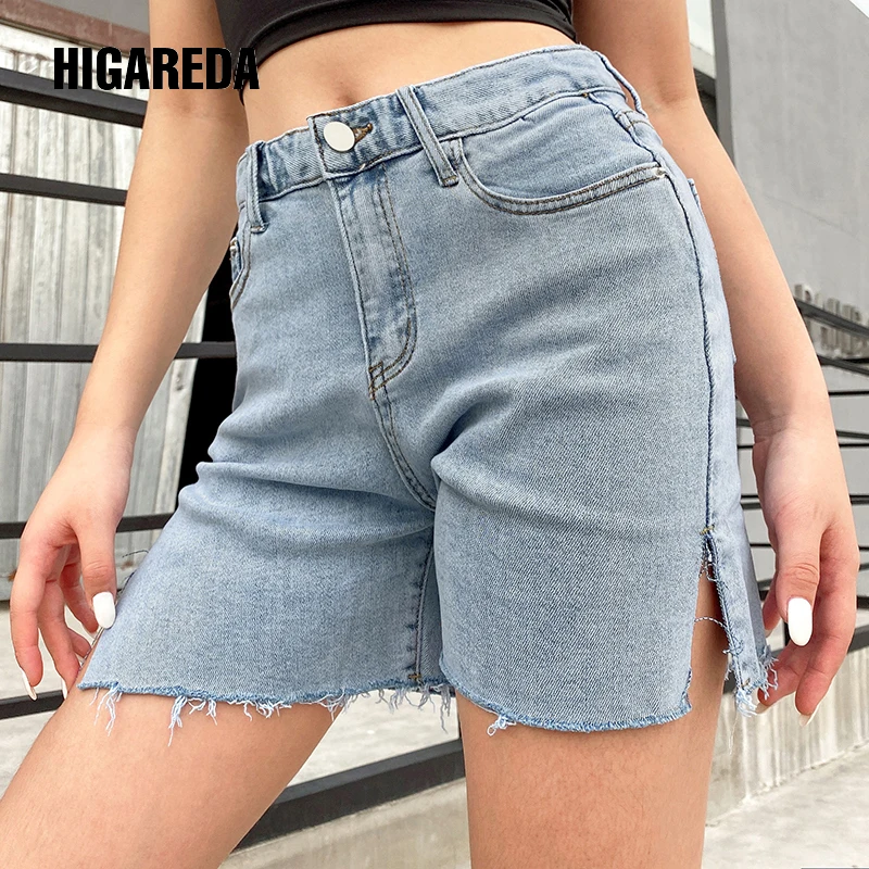 

HIGAREDA Split Side Blue Denim Shorts Women Casual Fashion Jeans Short Pants Ladies High Waisted Shorts Summer Streetwear 2020