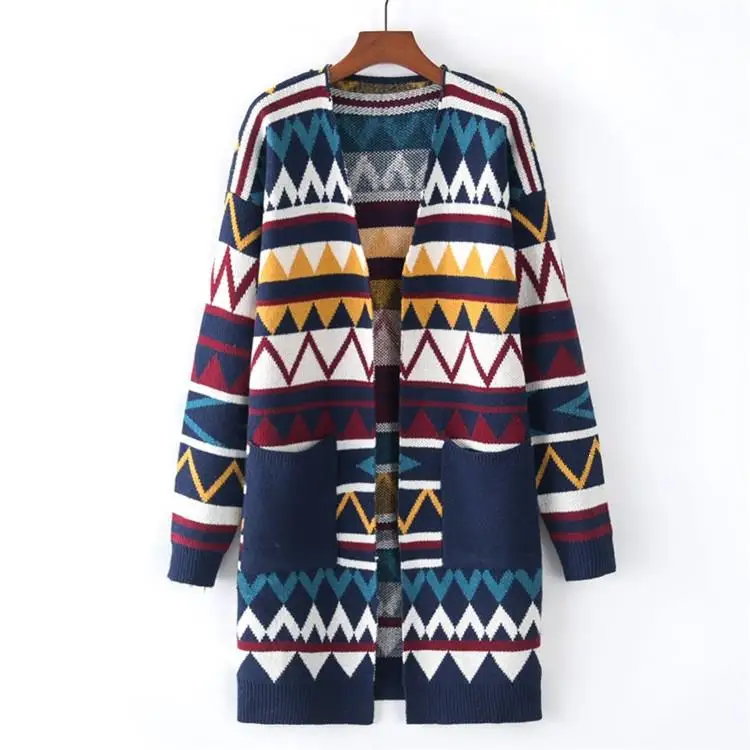 Ethnic Style V-Neck Triangle Wave Pocket Cardigan Sweater Pockets Women Knitted Knit Coat |