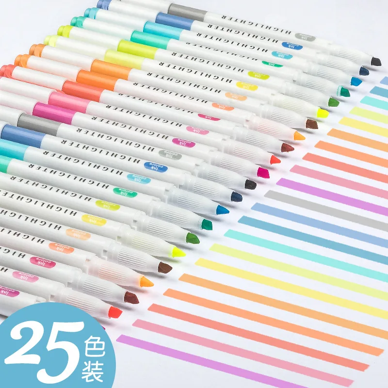 25 Colors Double Head Highlighter Pen Colors Fluorescent Highlighters Art Marker School&Office Art Stationery Supply