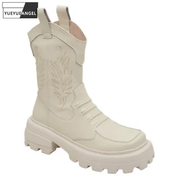 

New Design Women Square Toe Genuine Leather Boots Autumn Winter Embroidery Fashion Shoes Platform High Heel Cowboy Short Boots