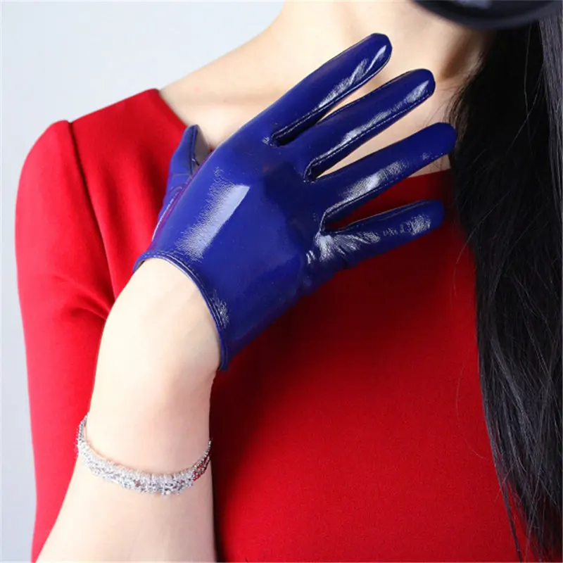 patent leather blue 16 см лакированные кожаные короткие перчатки яркие белые черные красные из имитации кожи замшевые зеркальные Яркие Кожаные женские перчатки PU117 - Цвет: patent leather blue