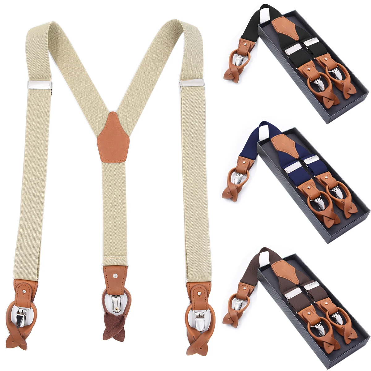 

Black Blue Brown Mens Leather Straps Suspenders Braces Button Ends Heavy Duty Clips Adjustable Elastic Tuxedo Suspenders for Men