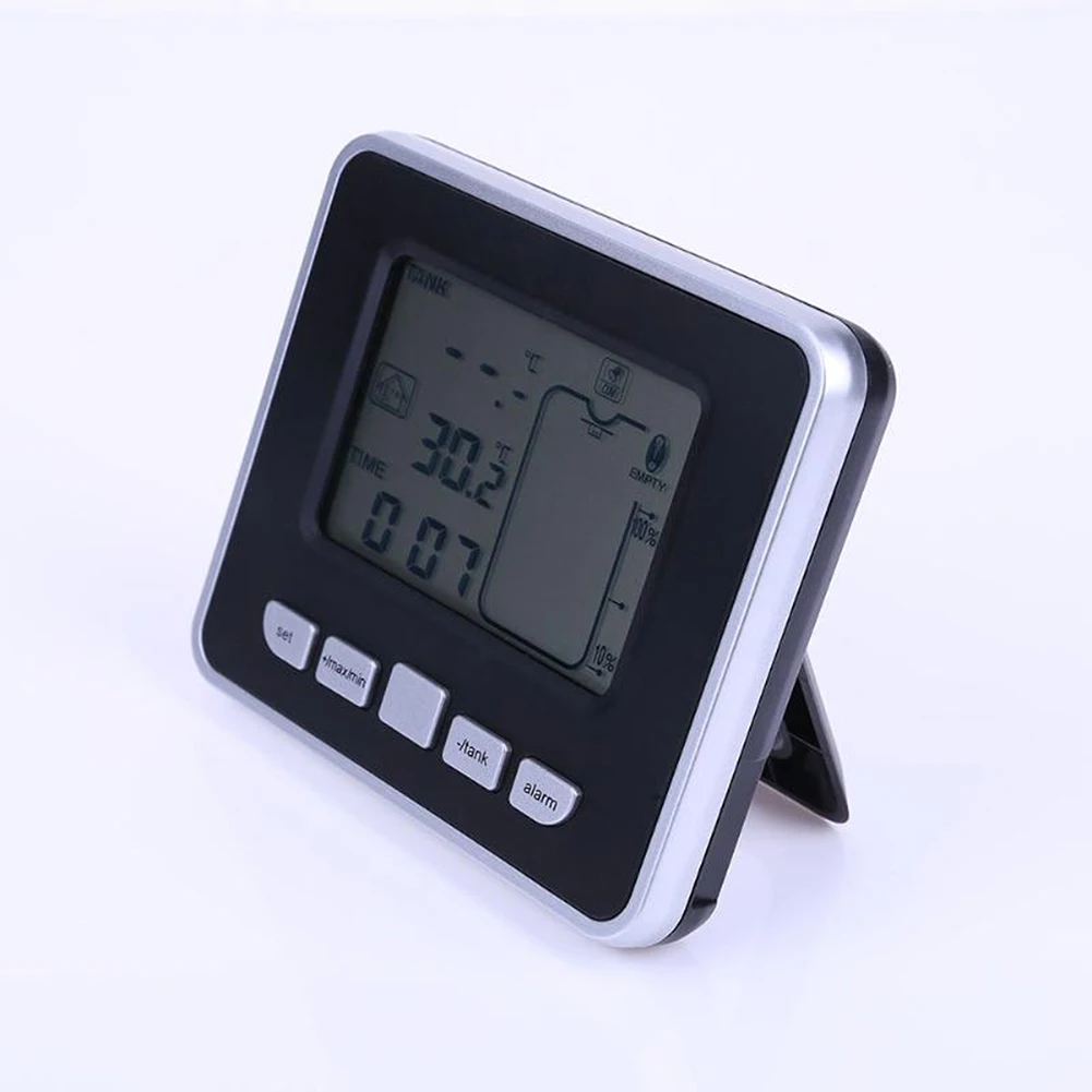 

Electronic Ultrasonic Water Tank Level Meter Temperature Sensor Liquid Depth Indicator Time Alarm Transmitter Measuring Tools