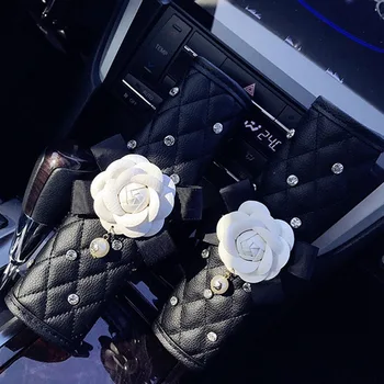 

Universial 1PC Crystal Rhinestones Camellia Flower Women Leather Hand Brake Gear Cover Seat Belt Car Interior Accessory
