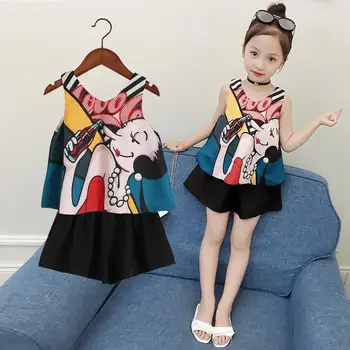 

Girls Summer Clothing Sets Kids Clothes Printed Abstract Painting Vest + Shorts Children Fashion Clothing Outfits 8 10 12 Years