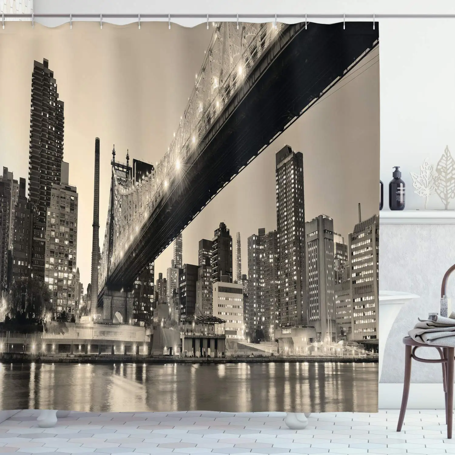 

New York Shower Curtain, Queensboro Bridge NYC Night Sepia Artprints Urban City View Modern Life Theme, Cloth Fabric Bathroom