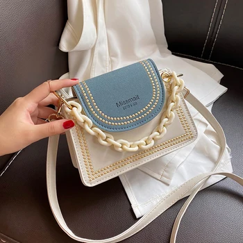 

Fashion Letter Pattern Crossbody Bag PU Leather Women Acrylic Chain Shoulder Pouch Flap Casual Messenger Crossbody Tote Handbag