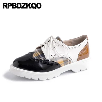 

designer shoes china patent leather women black and white round toe rubber sole plaid lace up 2019 british style brogue oxfords