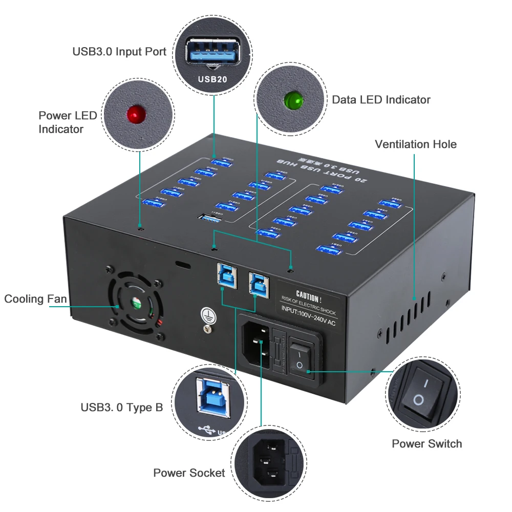Sipolar промышленный 20 портов 100 V-240 V USB 3,0 концентратор высокоскоростное зарядное устройство концентратор встроенный 5V 22A адаптер питания EU AU UK US Plug