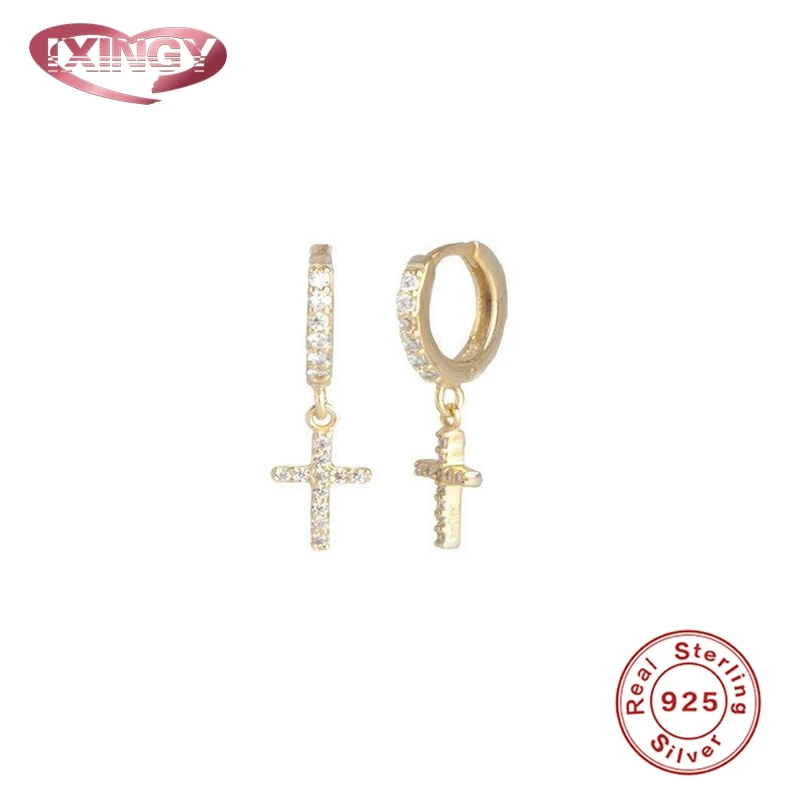Простой крест циркония маленькие серьги-кольца для женщин 925 стерлингового серебра кристалл крест серьги-висюльки золотые серебряные ювелирные изделия