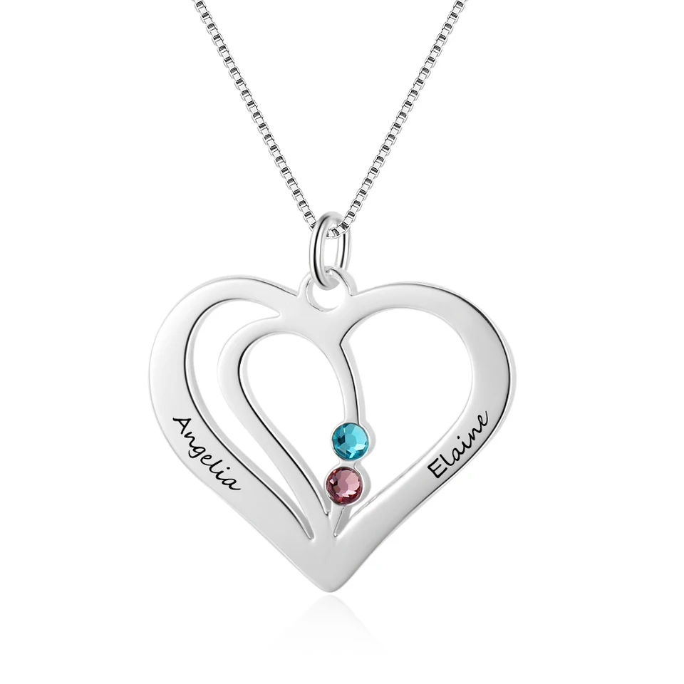 Personalized Heart Name Necklace For Couples With 2 Birthstones
