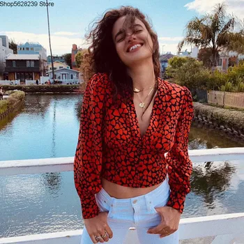 

2020 Summer 100~ Silk Printing French Love V Collar Buckle Lantern Long Sleeve Short Top 190280