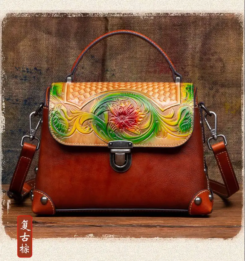 Floral Genuine Leather Retro Painted Carving Craft Women Tote Bag