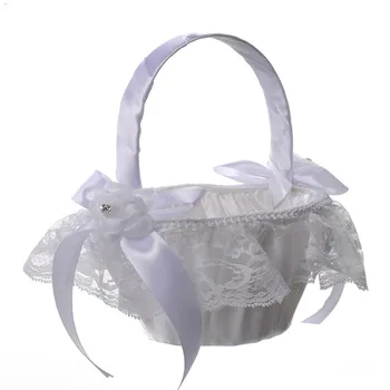 

Romantic White Satin Bowknot Flower Girl Basket Wedding Ceremony Party Wedding Supplies Portable Flowers Basket