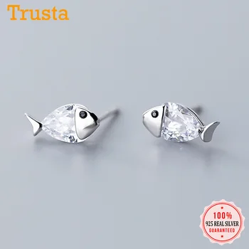 

Trustdavis Genuine 925 Sterling Silver Cute Clear CZ Crystals Fish Stud Earrings For Women Silver 925 Jewelry Wholesale DA386