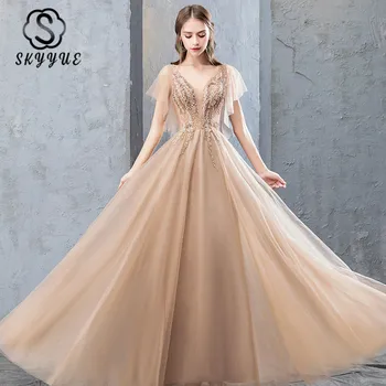 

Skyyue Evening Dresses K311 Appliques A-Line Crystal Crepe Robe De Soiree Champagne V-Neck Short Sleeve Floor Length Prom Dress