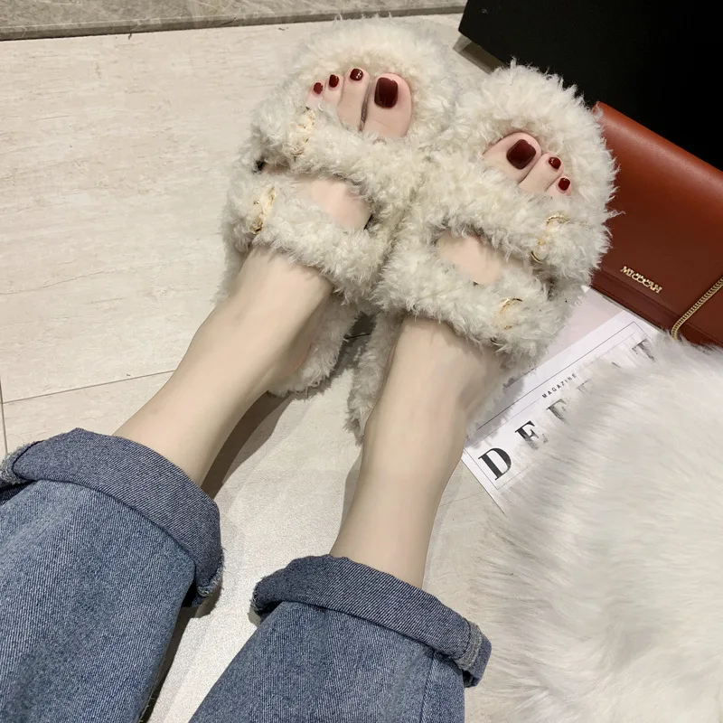 

Online Celebrity Plush Slipper Women's 2019 Autumn New Style Korean-style Fashion Flat Casual A- line Versatile Outer Wear Slipp