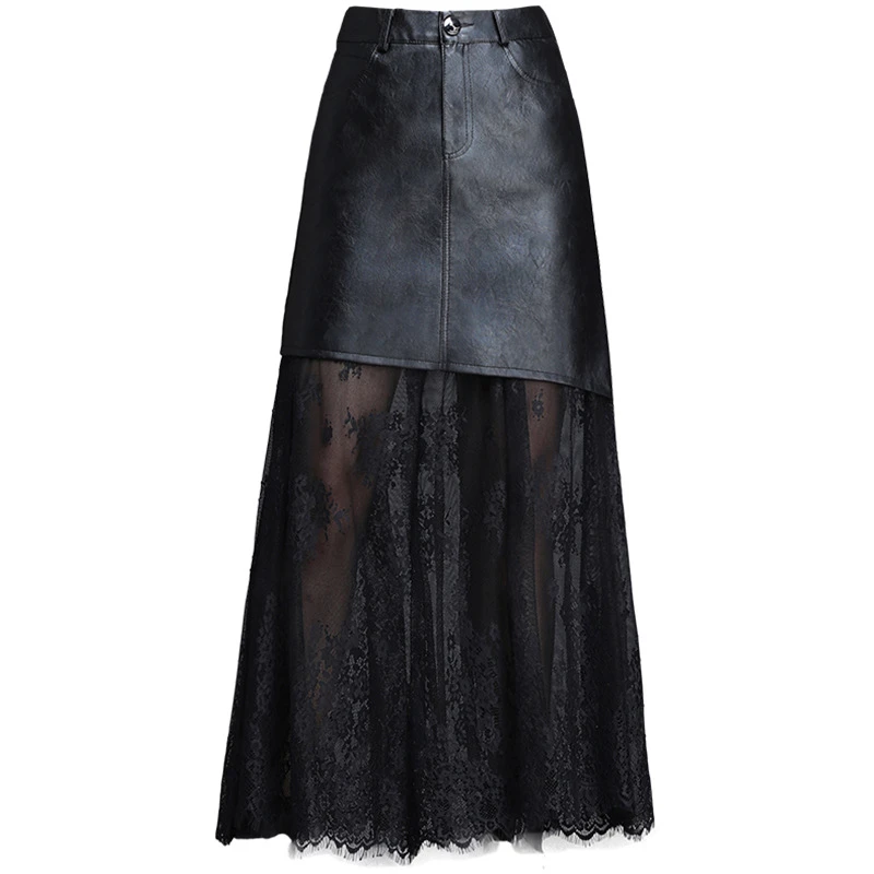 brown skirt High-quality Pu + Lace Stitching Black Skirt Women Skirt 2022 New Autumn Winter High Waist Was Thin Package Hip Leather Skirt satin skirt