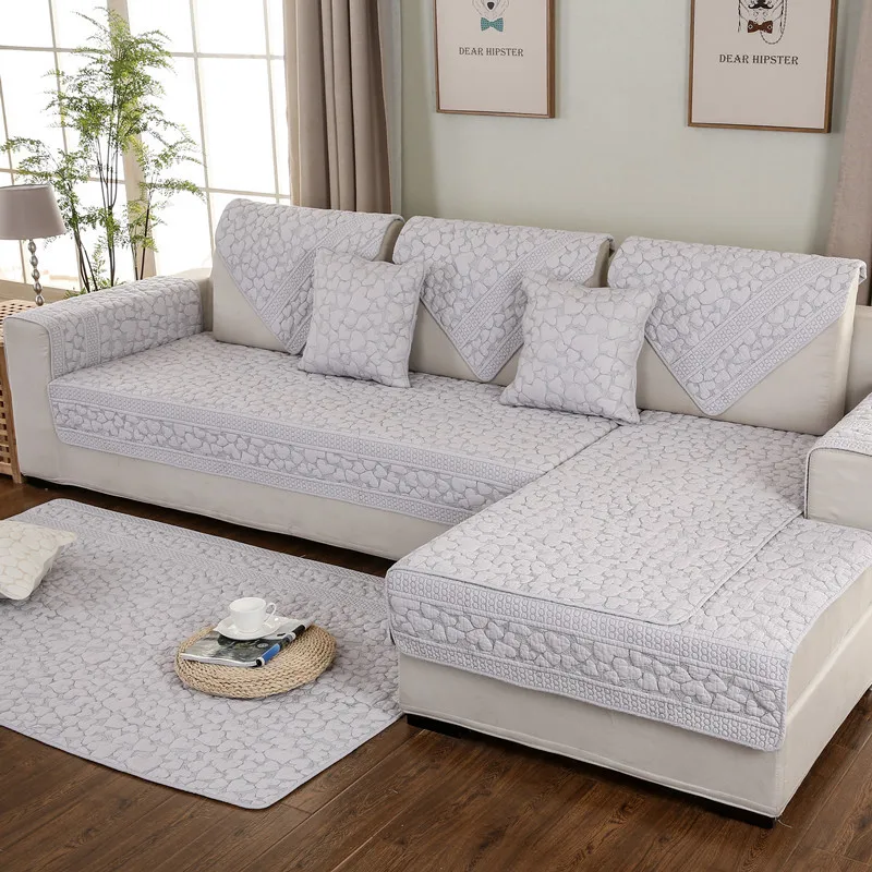 

Four Seasons Cotton Heart Quilted Sofa Pad Washed Cotton Embroidered Sofa Cushion Cover Towel