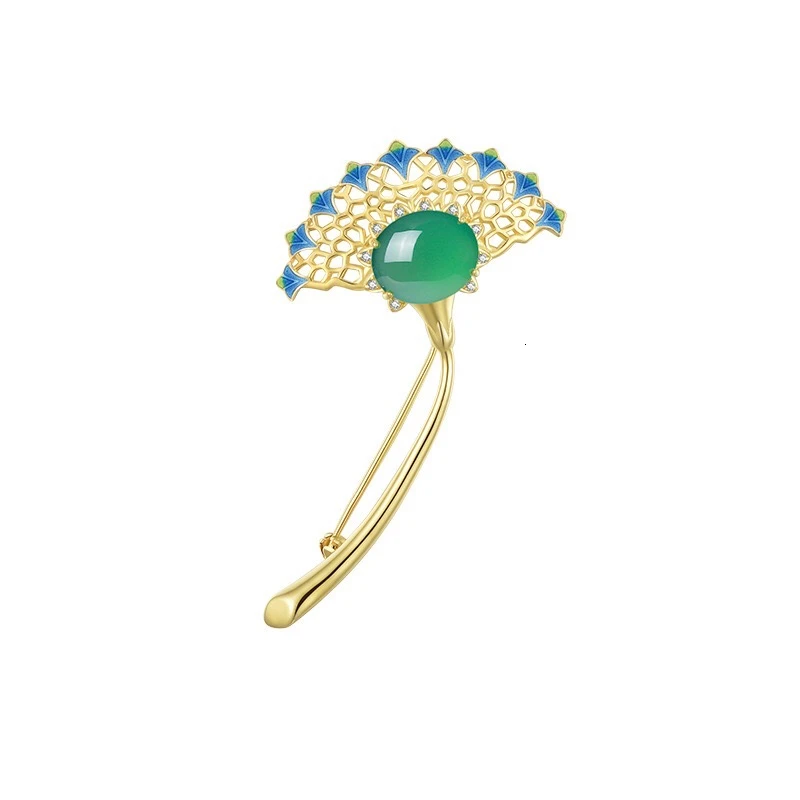 

925 Sterling Silver Gold Plated Green Agate Ginkgo Leaf Brooch Handmade Original Design Brooches Fine Jewelry Women Party Gift