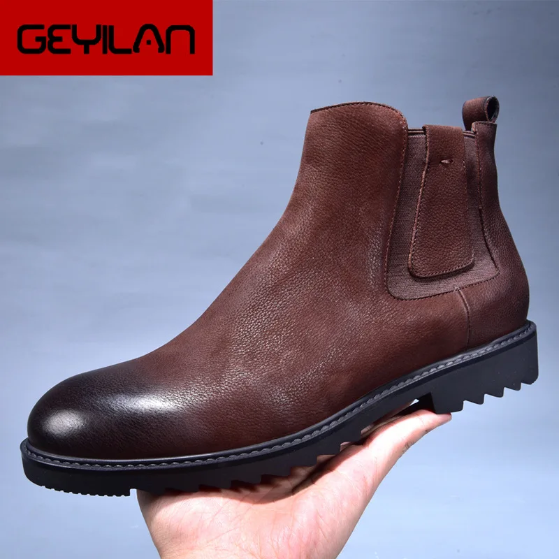 

Brand Vintage Style Genuine Leather Pointed Toe Casual Shoes Winter Snow Warm Fur Men Ankle Boots Tooling Chelsea Boots