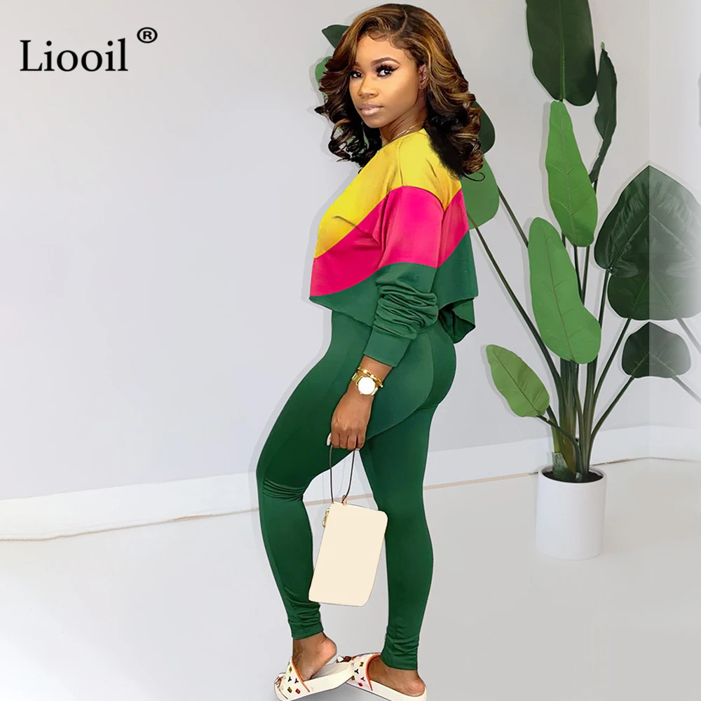 Liooil/спортивный костюм с цветным блоком, Женский комплект из двух предметов, осень, свободный свитер с длинными рукавами и брюки-карандаш, спортивные комплекты