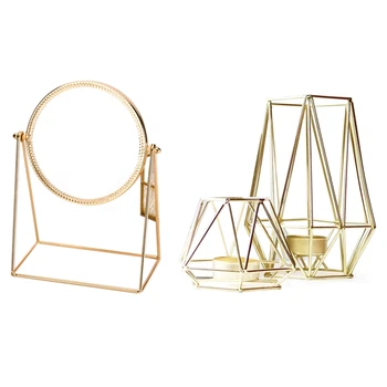 

1x Metal Mirror Lady Desktop Makeup Mirror Crafts Three-Dimensional & 2x Gold Geometric Metal Tealight Candle Holders