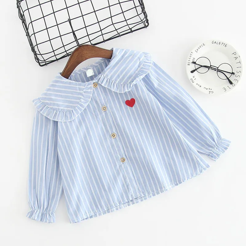 

Girls Embroidered Heart Shirt Spring And Autumn New Style Children Fold-down Collar Stripes Long-sleeve Blouse Children BABY'S T