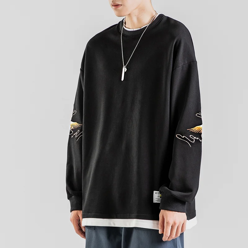 

Plus Size Embroidery Crane Graphic Hoodie for Men 2020 Fashion Crewneck Pullover Oversized Harajuku False Two Pieces Sweatshirts